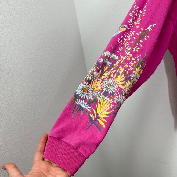 Vintage Alaska Wildflower Hummingbirds Painted Screenprinted Pink Sweatshirt‎ - Picture 4 of 8